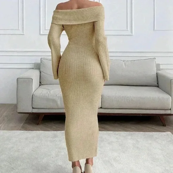 Beige Elegant Women's Off Shoulder Long Sleeve Ribbed Bodycon Knit Sweater Dress - Picture 2 of 6